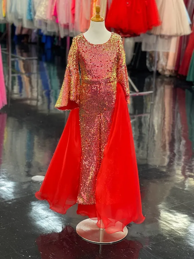 Marc Defang 8004k Size 4 Kids Red Sequin Jumpsuit Bell Sleeve Pageant Overskirt Fun Fashion