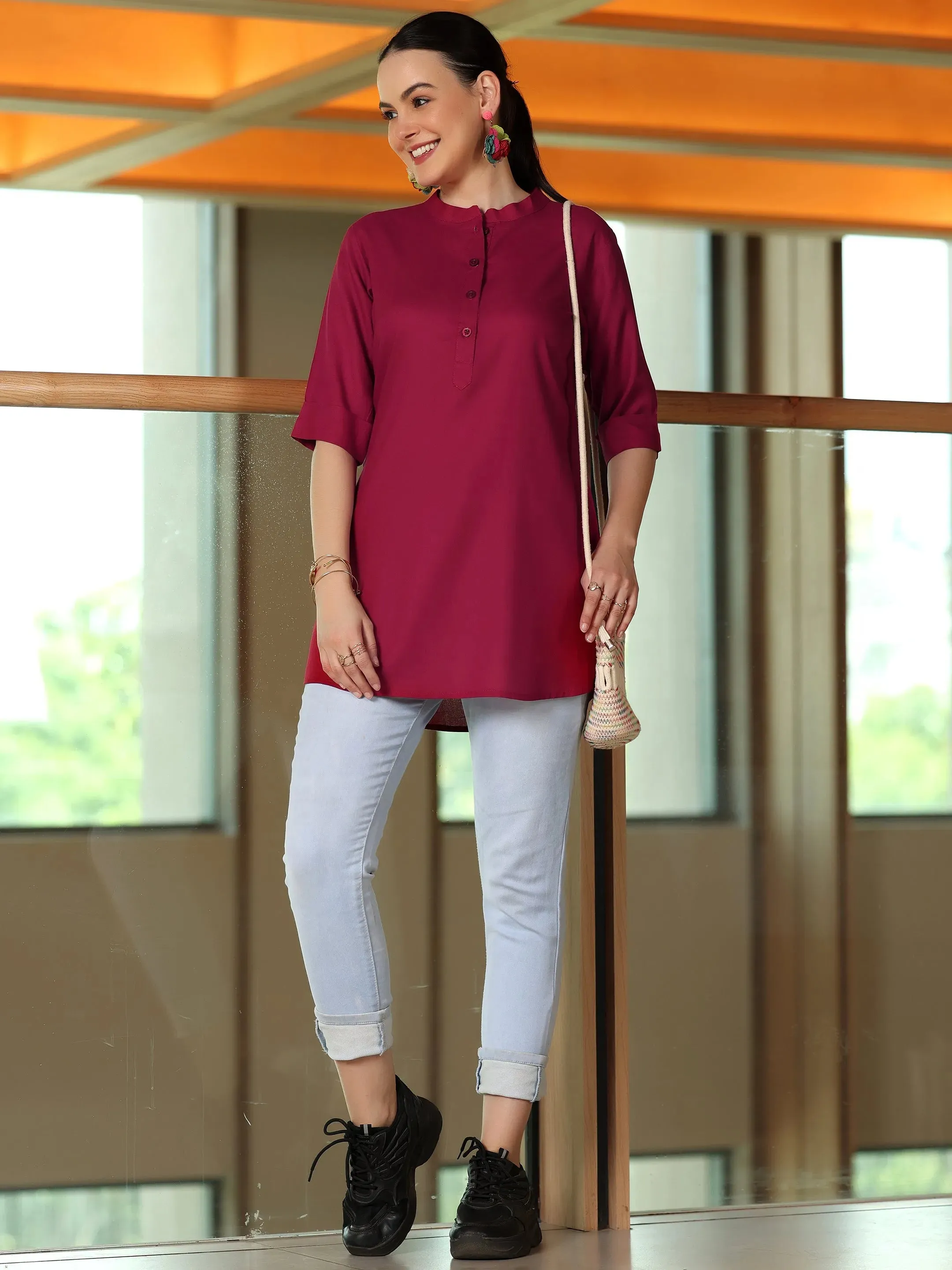 Maroon Solid Rayon Straight Tunic