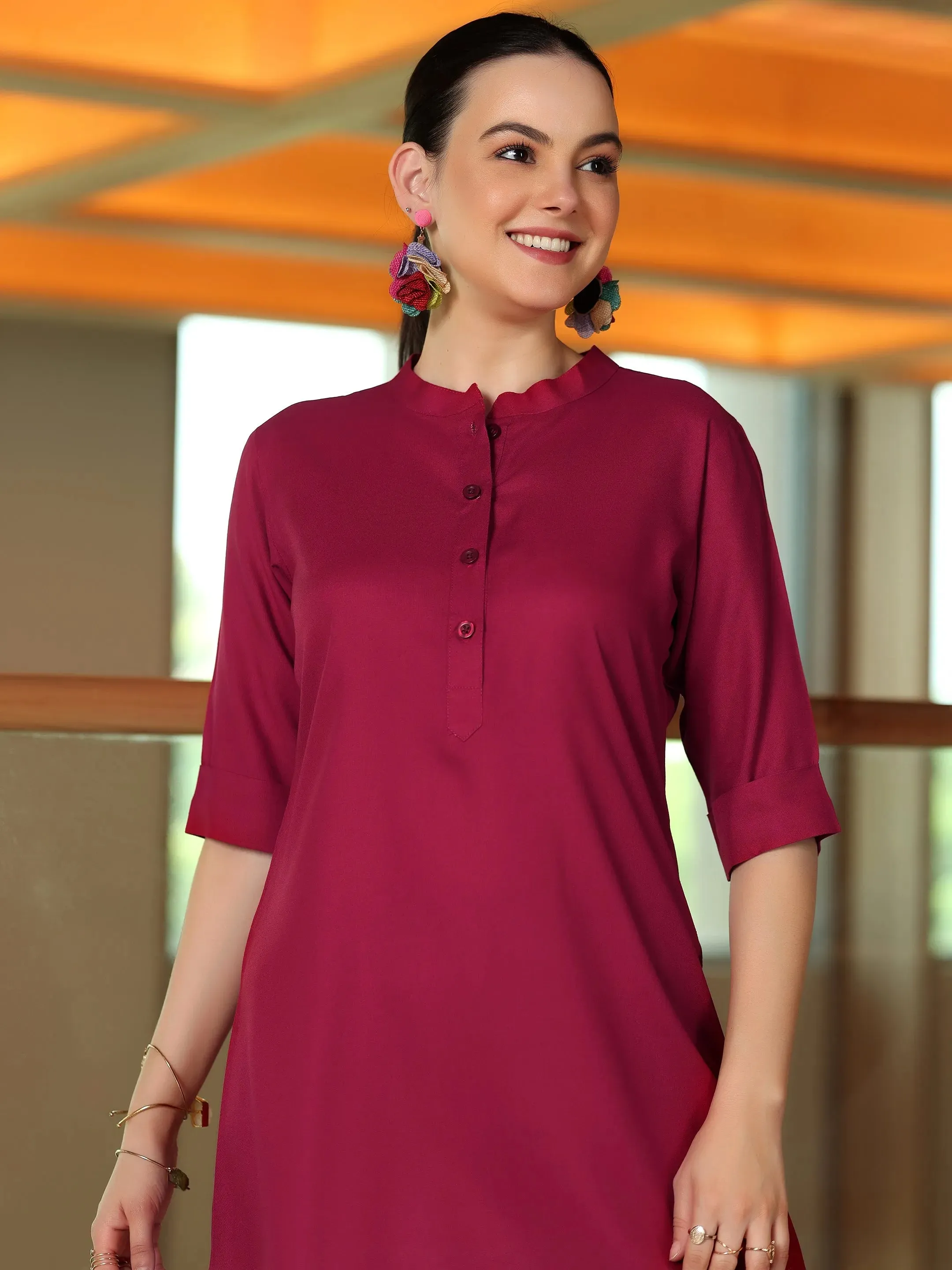 Maroon Solid Rayon Straight Tunic