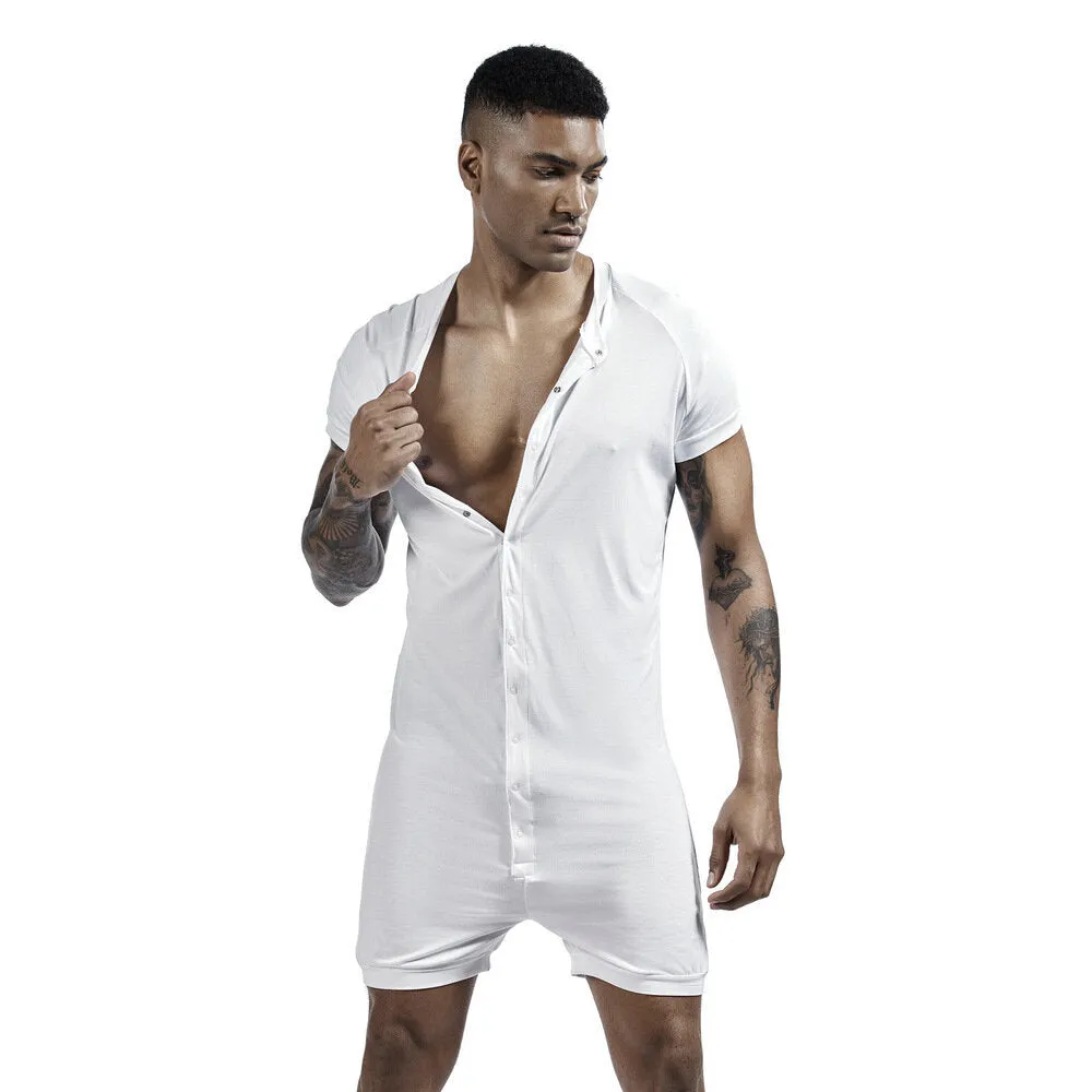 Men Solid Color Onesies Pajamas Viscose Breathable Short Sleeve Buttons Down Loungewear Jumpsuit