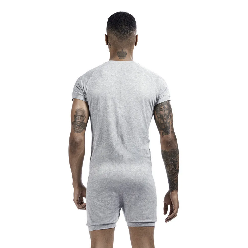 Men Solid Color Onesies Pajamas Viscose Breathable Short Sleeve Buttons Down Loungewear Jumpsuit