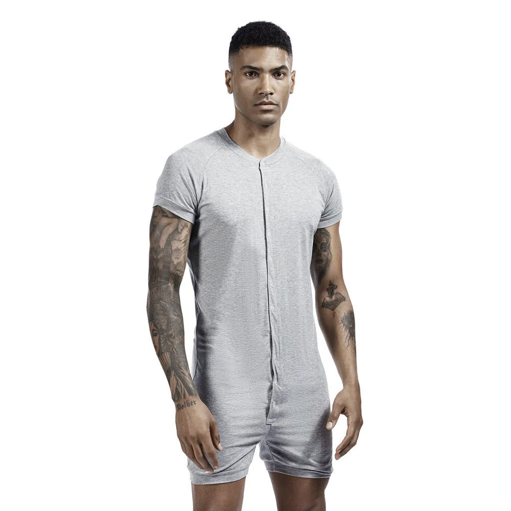 Men Solid Color Onesies Pajamas Viscose Breathable Short Sleeve Buttons Down Loungewear Jumpsuit