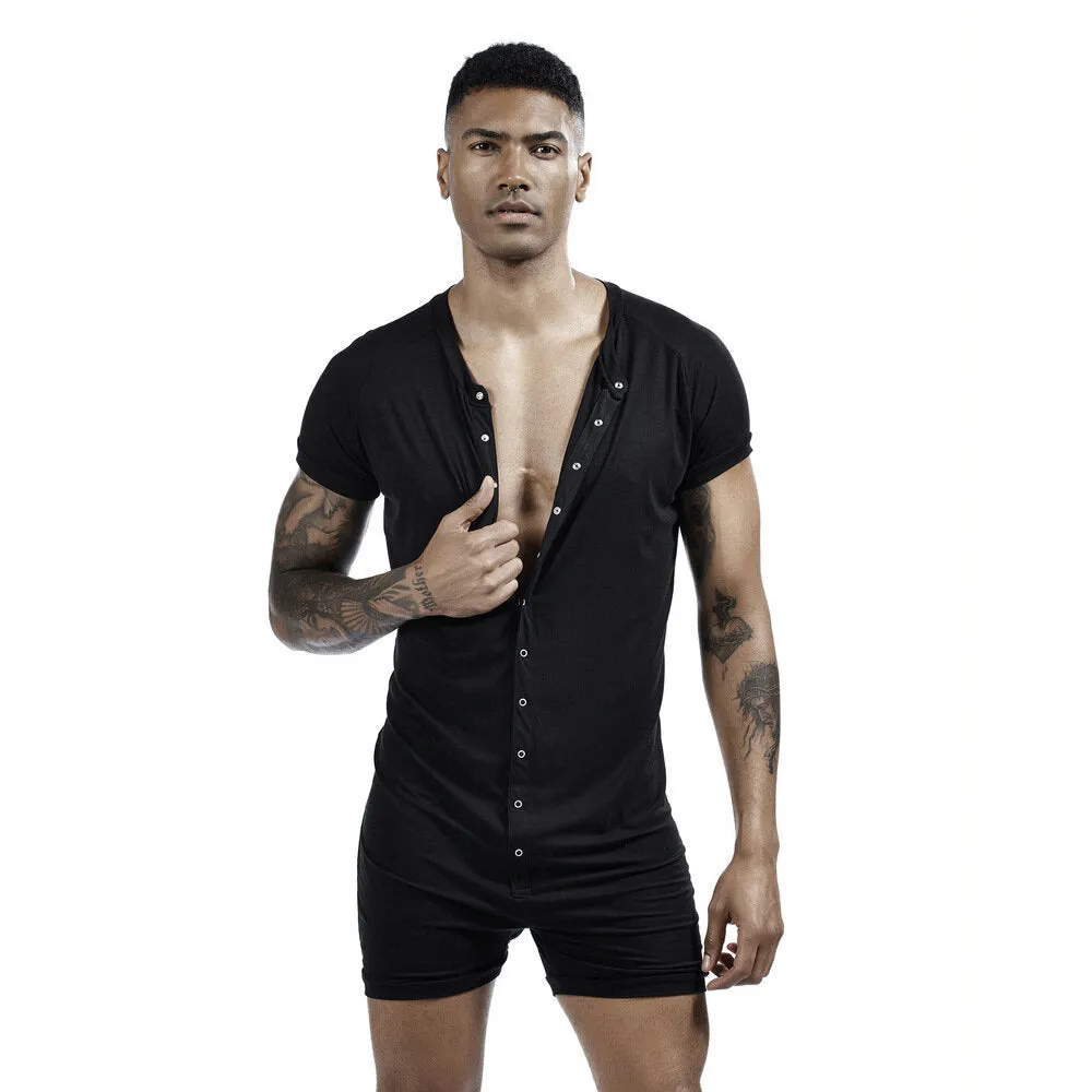 Men Solid Color Onesies Pajamas Viscose Breathable Short Sleeve Buttons Down Loungewear Jumpsuit