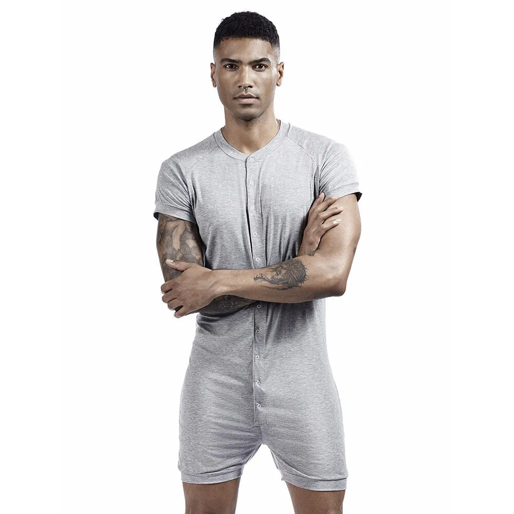 Men Solid Color Onesies Pajamas Viscose Breathable Short Sleeve Buttons Down Loungewear Jumpsuit