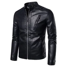 Men Stand Up Collar Multi-Zip Pockets Shoulder Pattern PU Leather Jacket