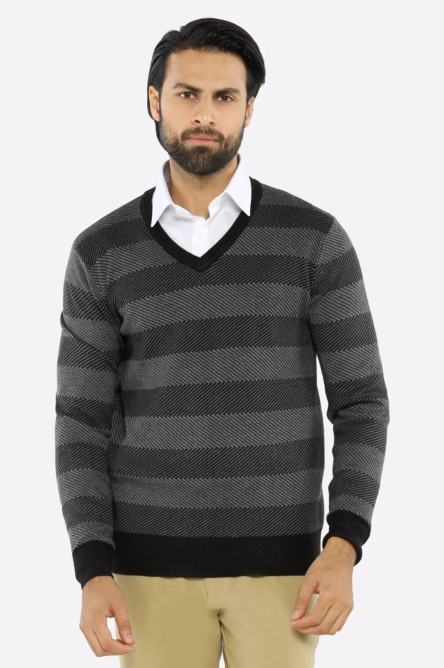 Men V-neck Multi Grey Sleeves Sweater