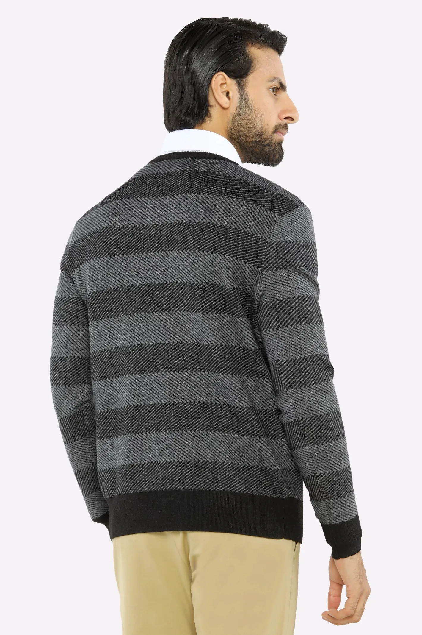 Men V-neck Multi Grey Sleeves Sweater