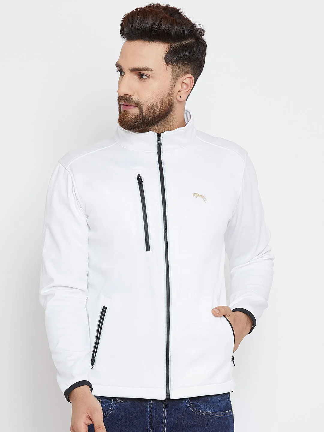 Men White Solid Sporty Jacket