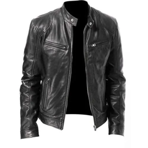 Men Zip Up Multi-Pocket PU Leather Moto Jacket