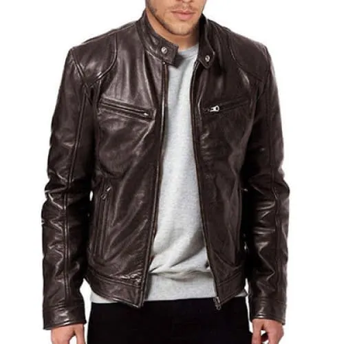 Men Zip Up Multi-Pocket PU Leather Moto Jacket