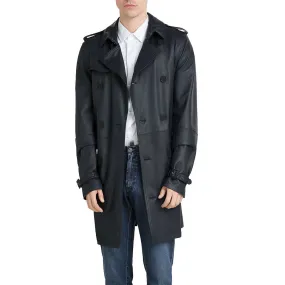 Men's Black Leather Trench Coat with Shoulder Loops MC15