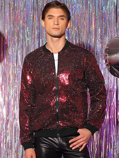 Men's Glitter Zip Up Red Bomber Jacket