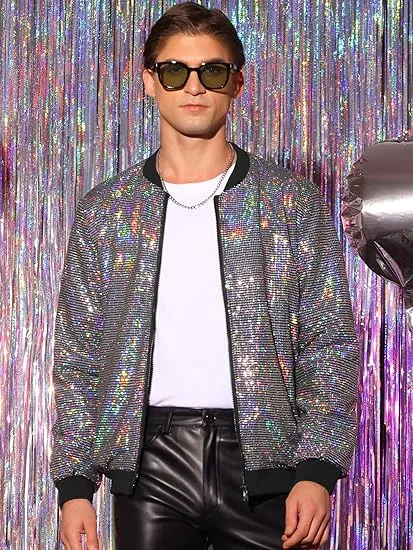 Men's Glitter Zip Up Red Bomber Jacket