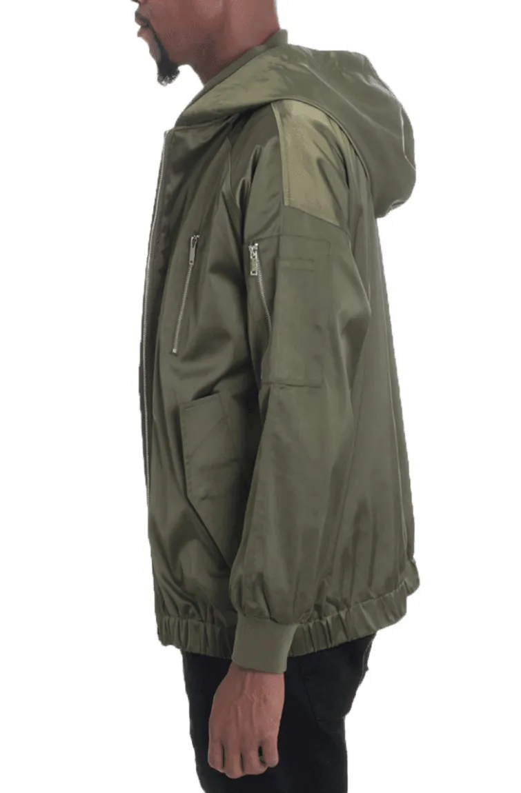 Mens Olive Green Satin Hoodie Bomber Jacket