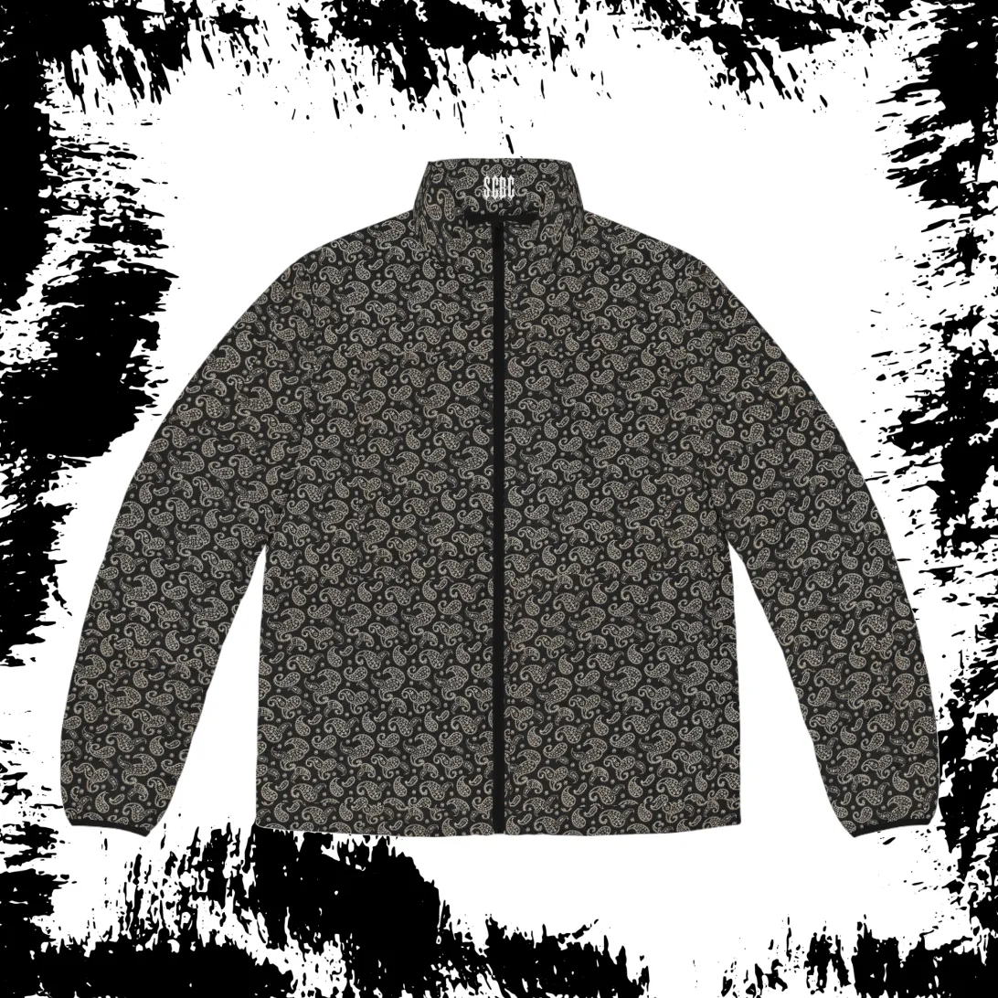 Men's SCBC "Paisley Bro" Puffer Jacket (AOP). Puffer Jacket, Spring, Mens Clothes, Warm Jacket, Lightweight, Paisley Print, Graphic Design.