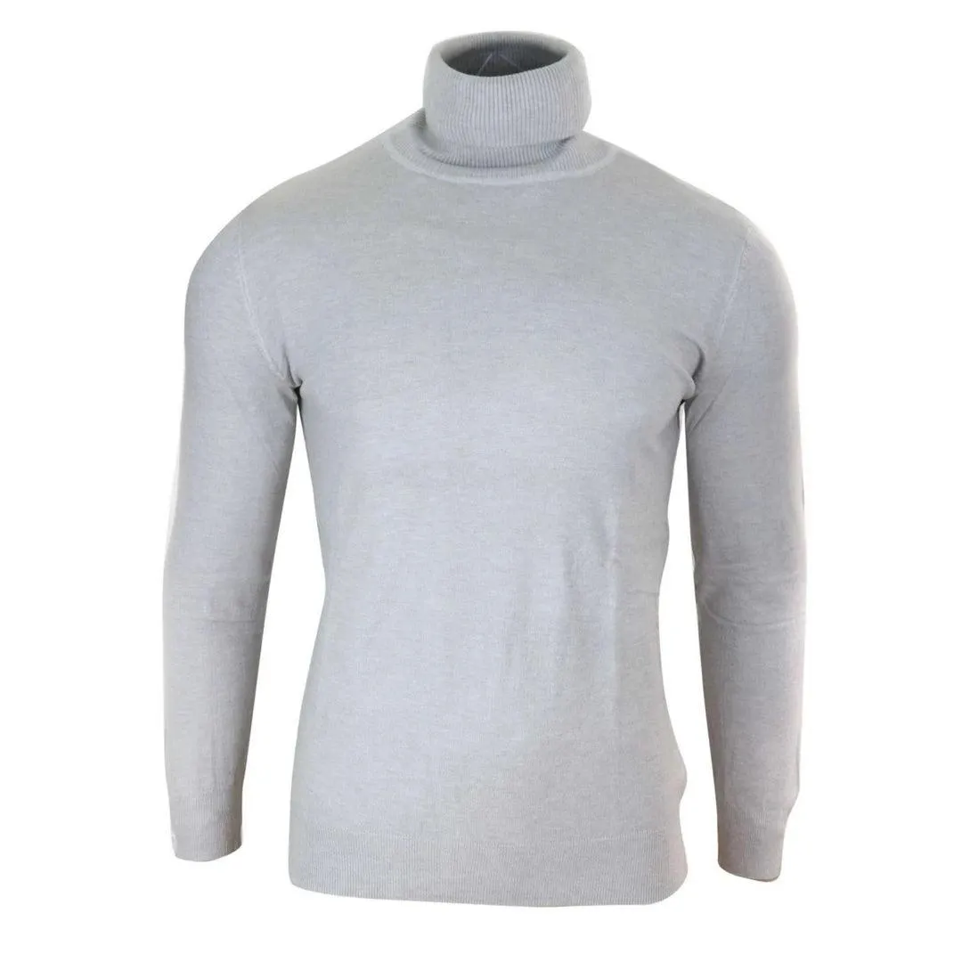 Mens Slim Fit Polar Roll Neck Jumper Light Weight Fitted Cashmere Wool Blend Grey Black Navy