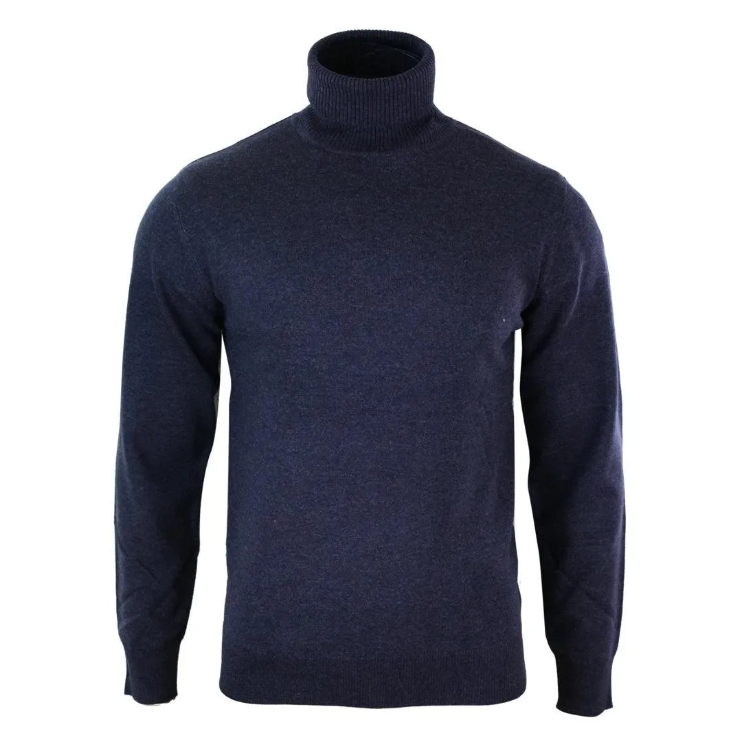 Mens Slim Fit Polar Roll Neck Jumper Light Weight Fitted Cashmere Wool Blend Grey Black Navy