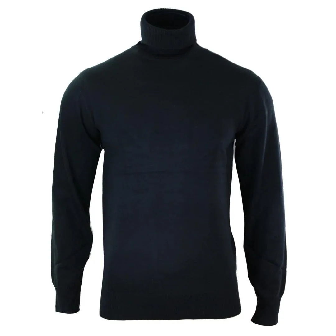 Mens Slim Fit Polar Roll Neck Jumper Light Weight Fitted Cashmere Wool Blend Grey Black Navy