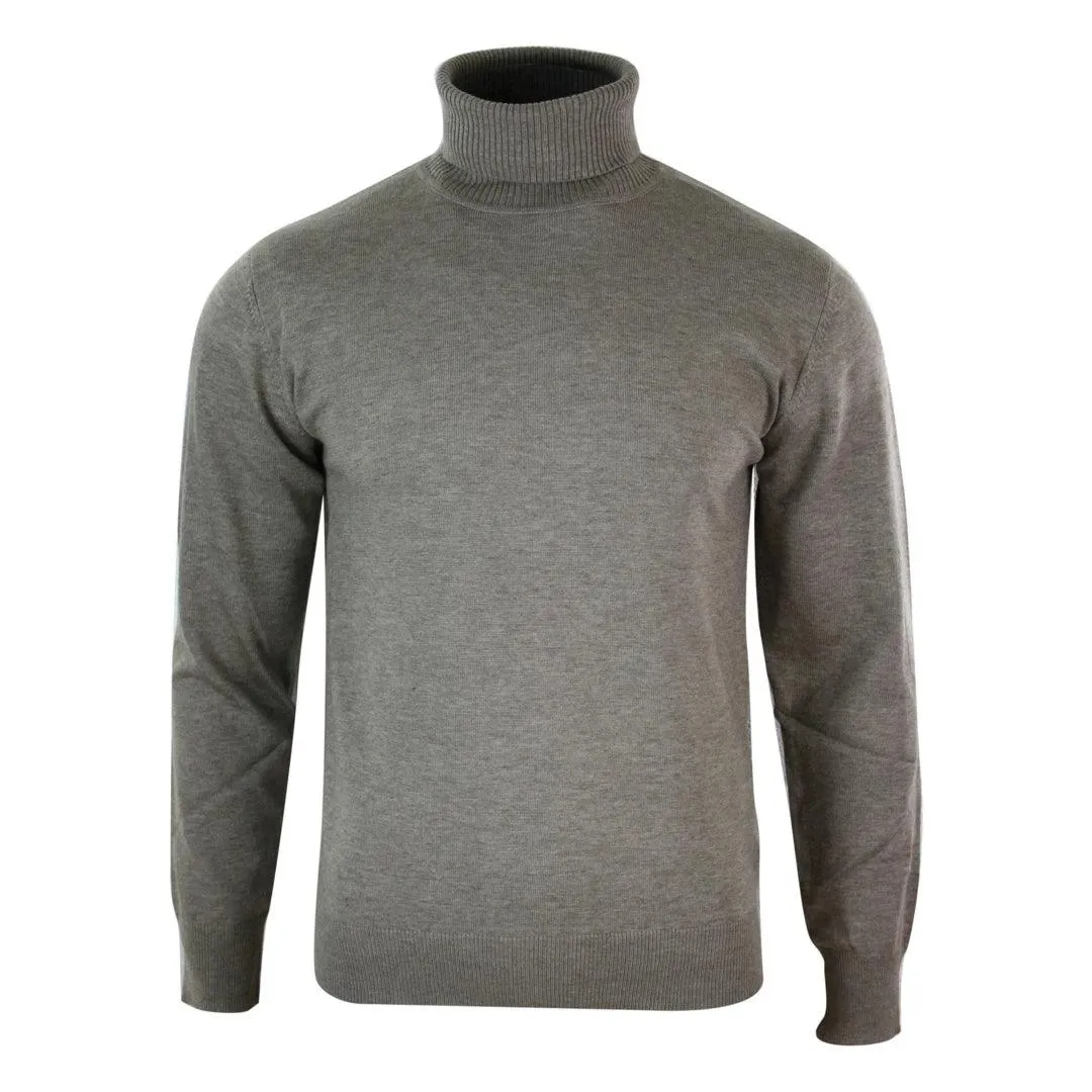 Mens Slim Fit Polar Roll Neck Jumper Light Weight Fitted Cashmere Wool Blend Grey Black Navy