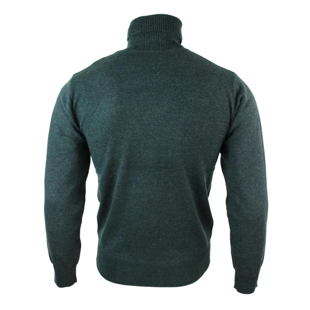 Mens Slim Fit Polar Roll Neck Jumper Light Weight Fitted Cashmere Wool Blend Grey Black Navy