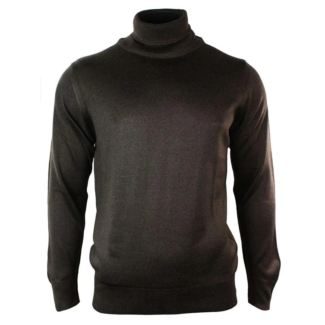 Mens Slim Fit Polar Roll Neck Jumper Light Weight Fitted Cashmere Wool Blend Grey Black Navy