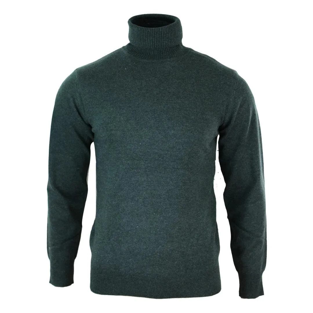 Mens Slim Fit Polar Roll Neck Jumper Light Weight Fitted Cashmere Wool Blend Grey Black Navy