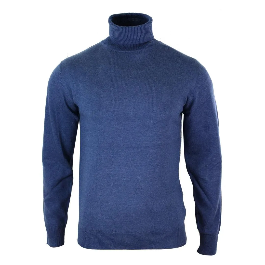 Mens Slim Fit Polar Roll Neck Jumper Light Weight Fitted Cashmere Wool Blend Grey Black Navy