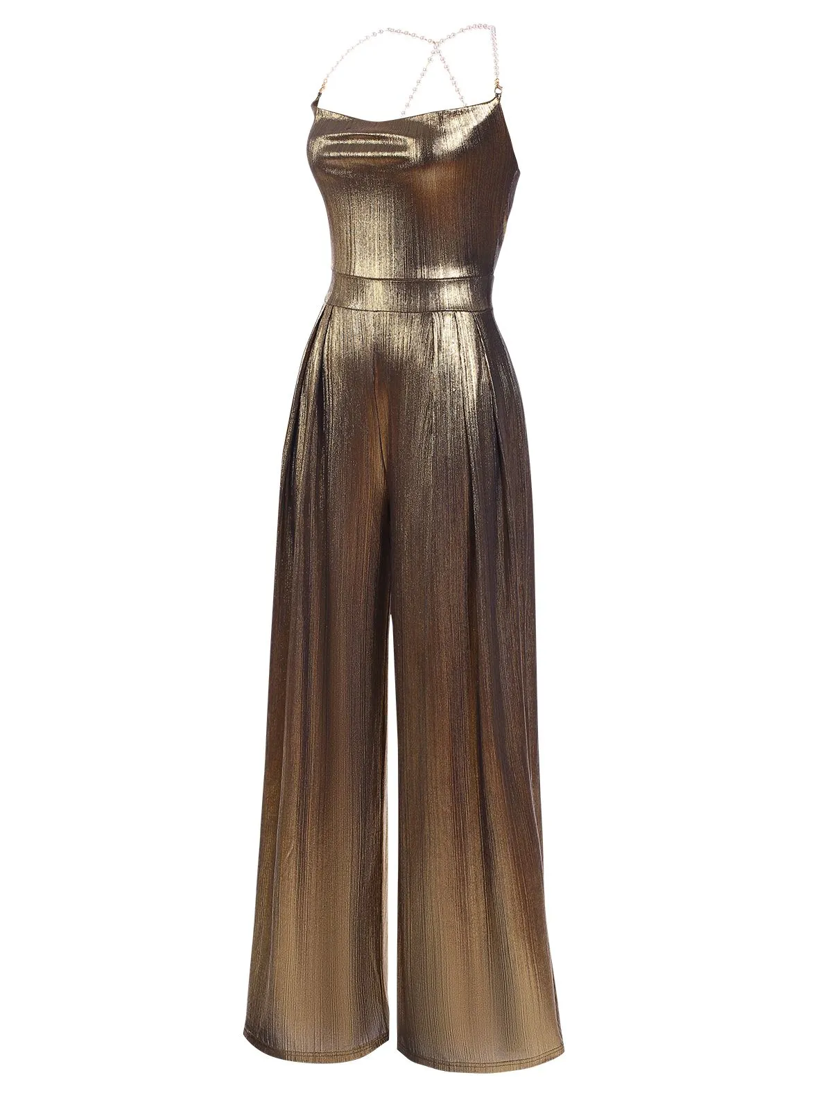 Metallic Gold 1980s Cowl Neck Spaghetti Strap Jumpsuit