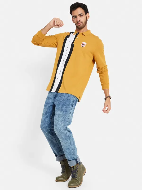 Mettle Men Yellow Henley Neck Applique T-Shirt