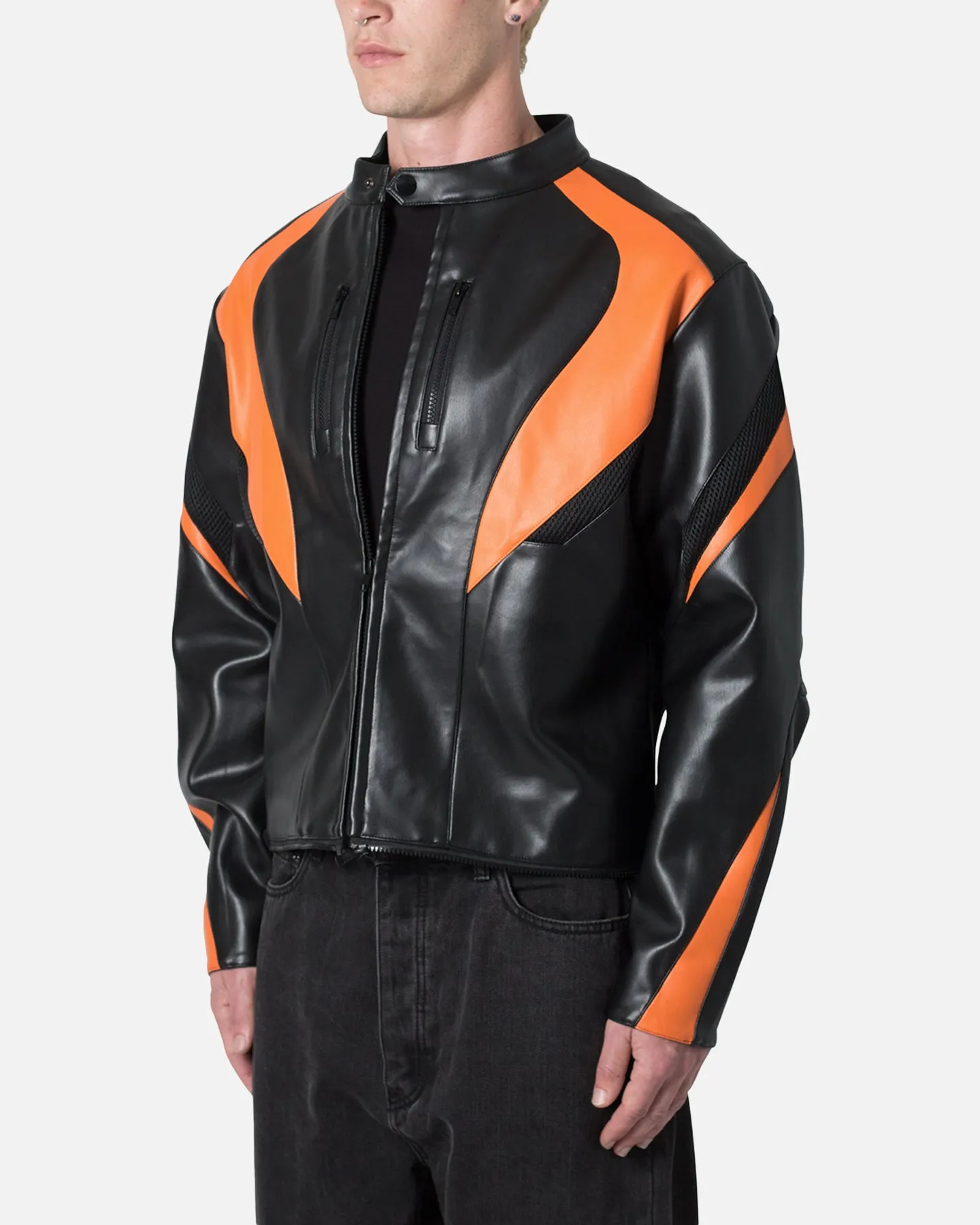 MNML Cropped Leather Race Jacket Black/Orange