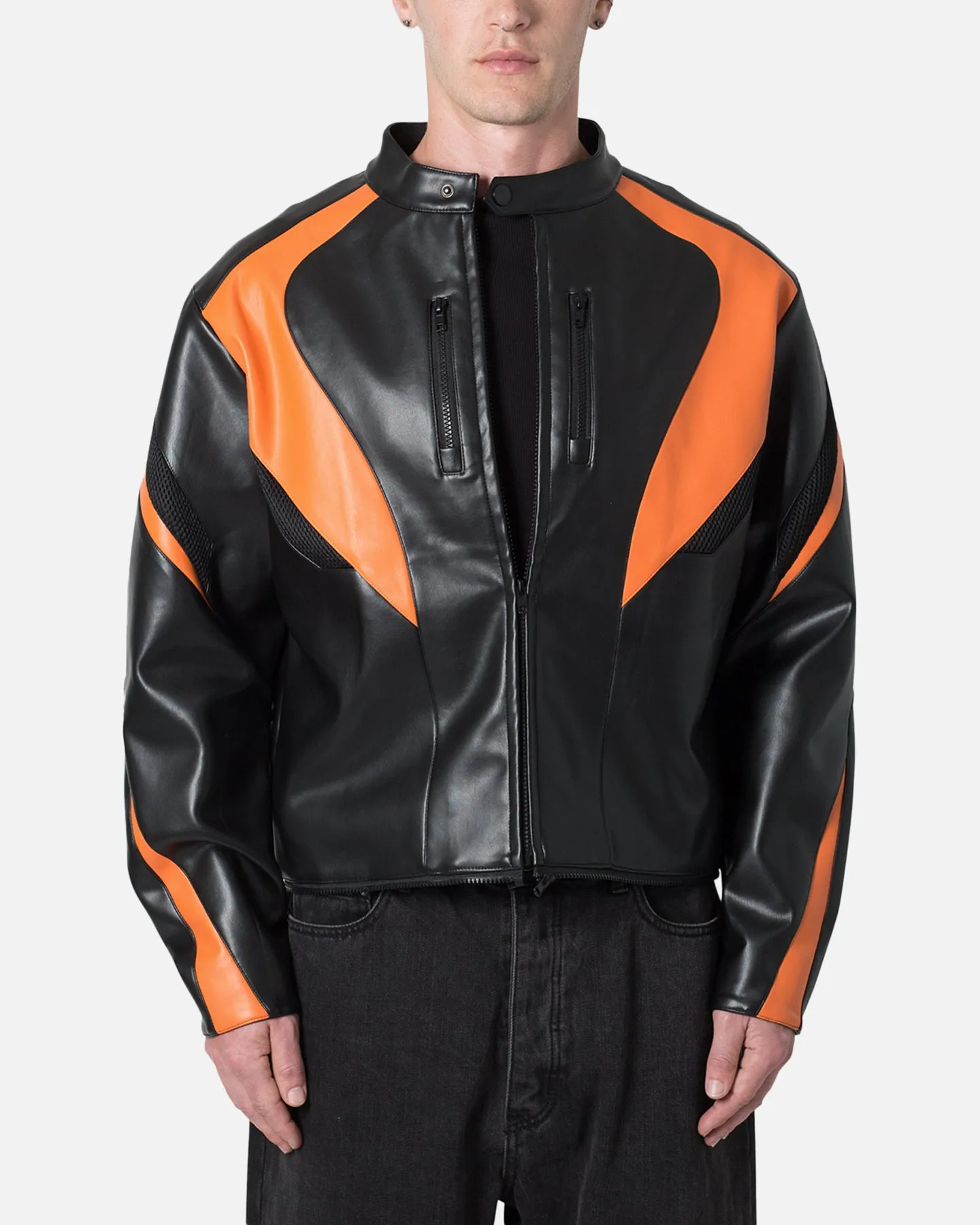 MNML Cropped Leather Race Jacket Black/Orange