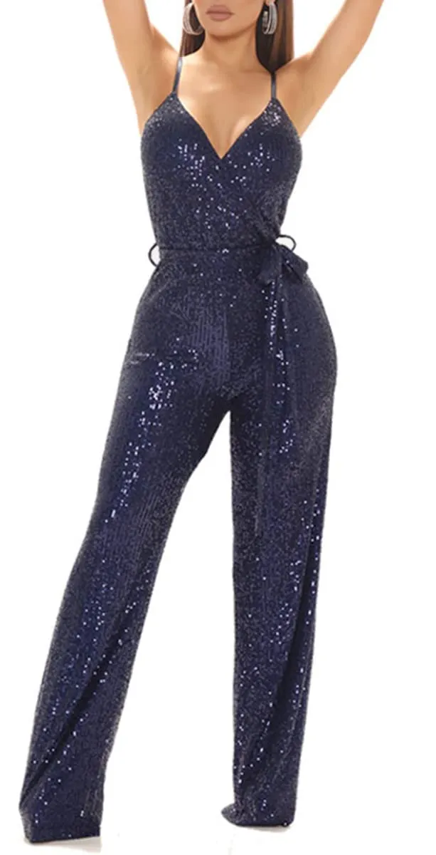 Navy Blue Sequin Glitter Sleeveless Jumpsuit