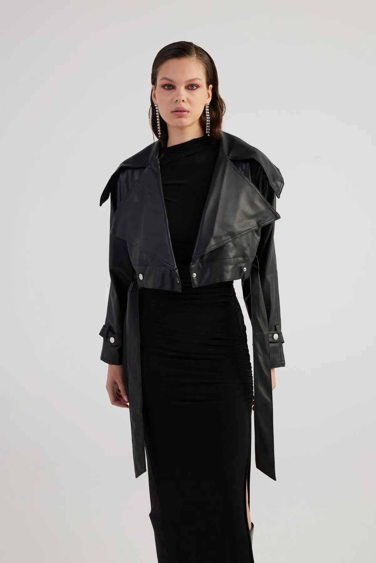 Neeko Black Faux Leather Cropped Jacket