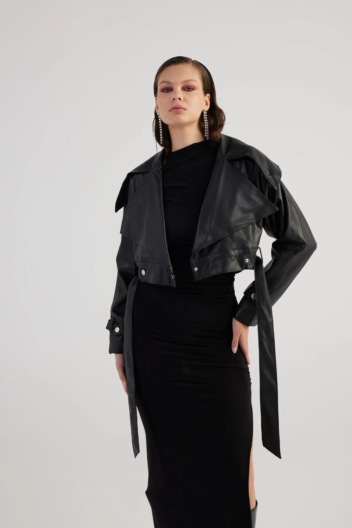 Neeko Black Faux Leather Cropped Jacket