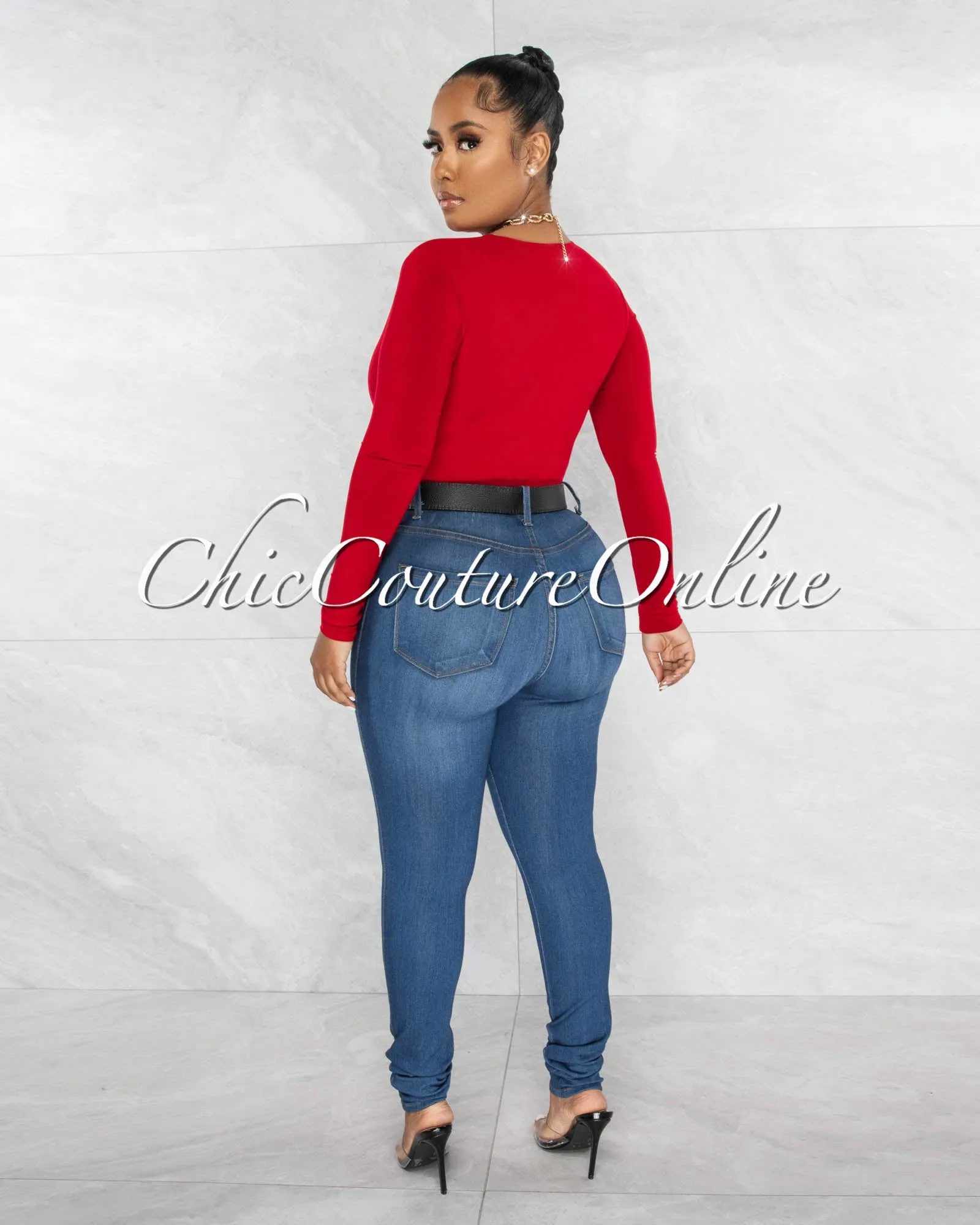 Nilam Red Deep V Neck Long Sleeves Bodysuit