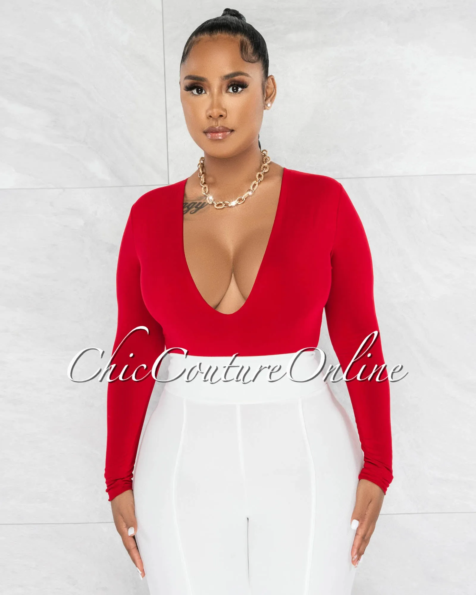 Nilam Red Deep V Neck Long Sleeves Bodysuit