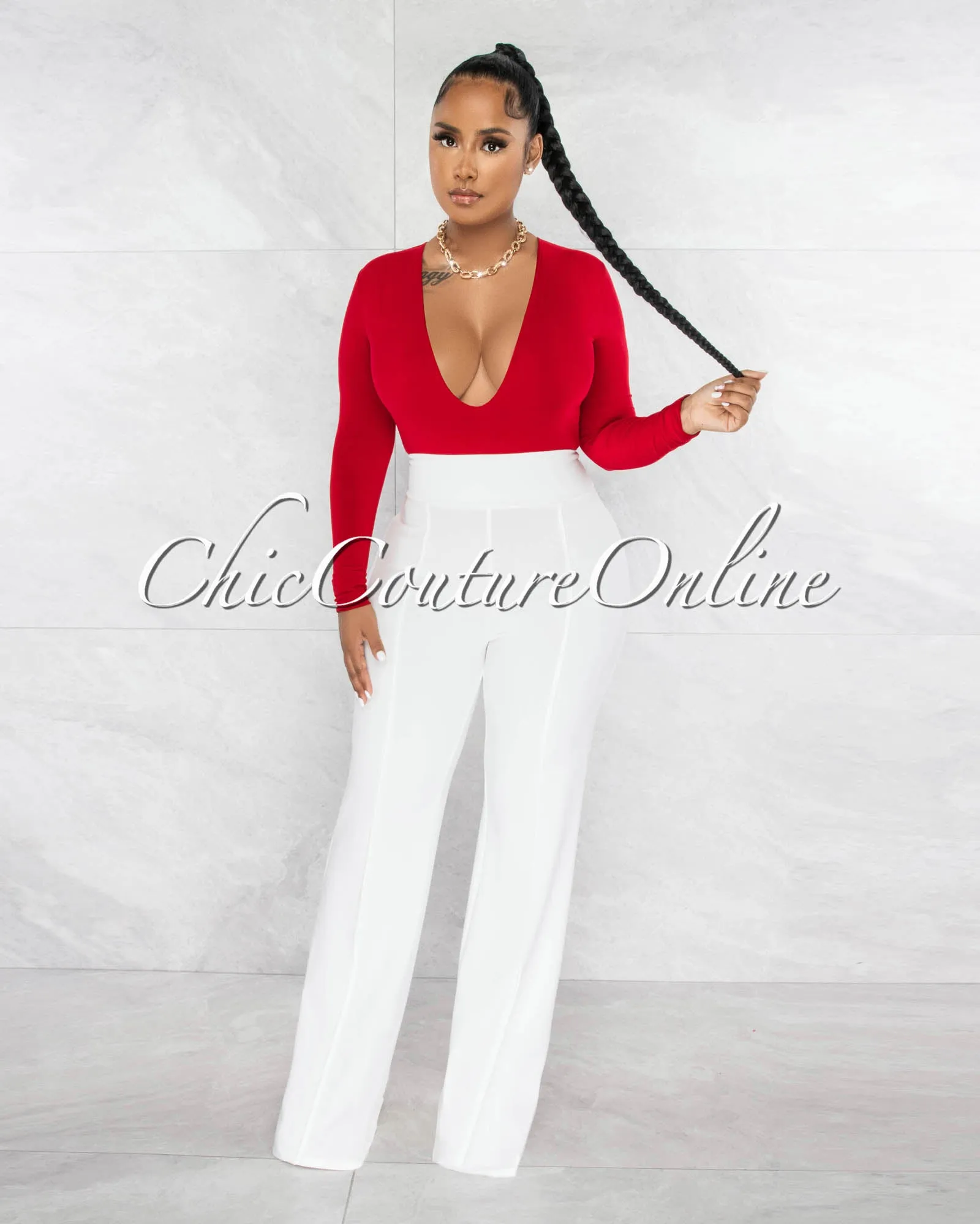 Nilam Red Deep V Neck Long Sleeves Bodysuit