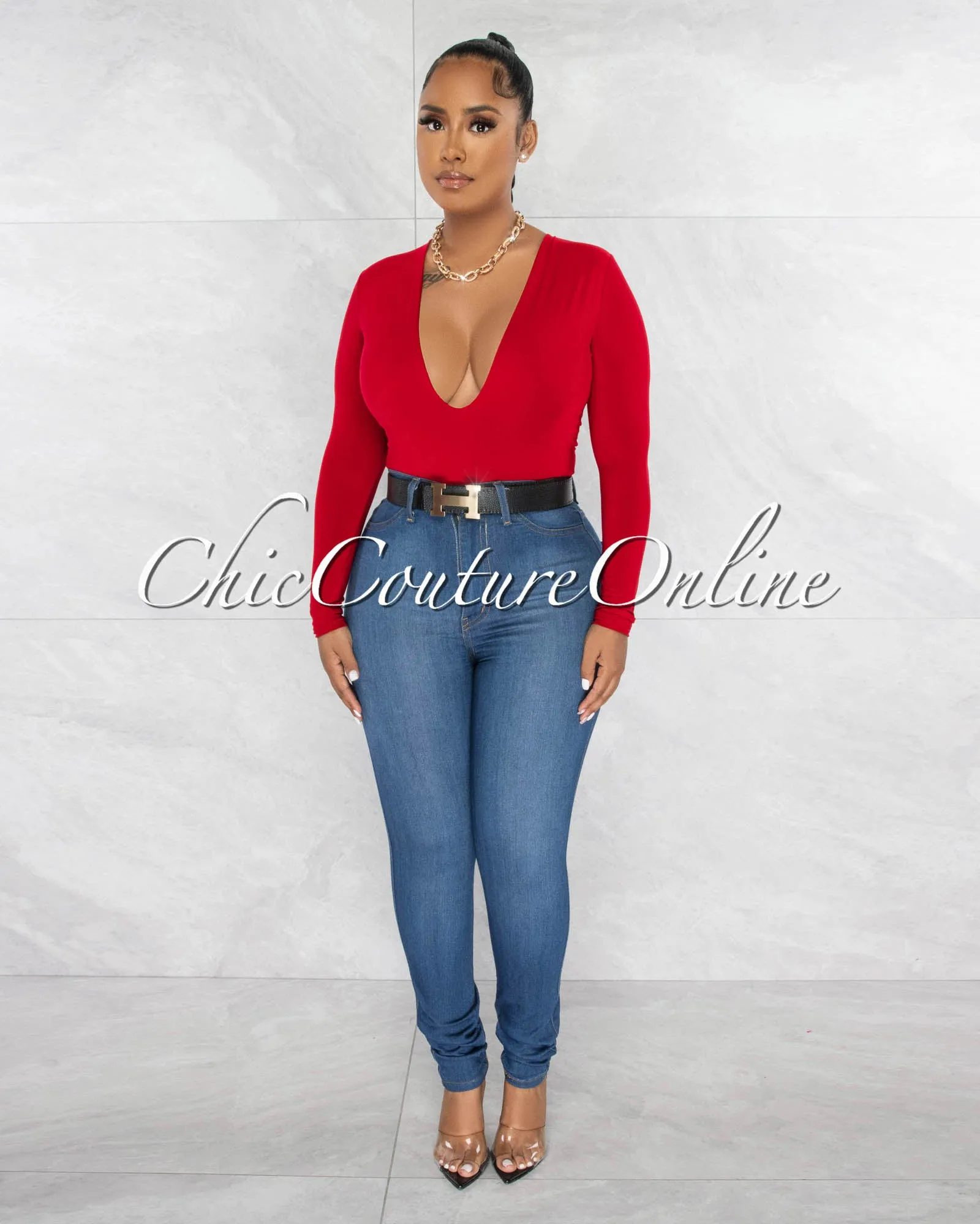 Nilam Red Deep V Neck Long Sleeves Bodysuit