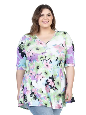 Pastel Color Floral Plus Size Elbow Sleeve V Neck Henley Tunic Top