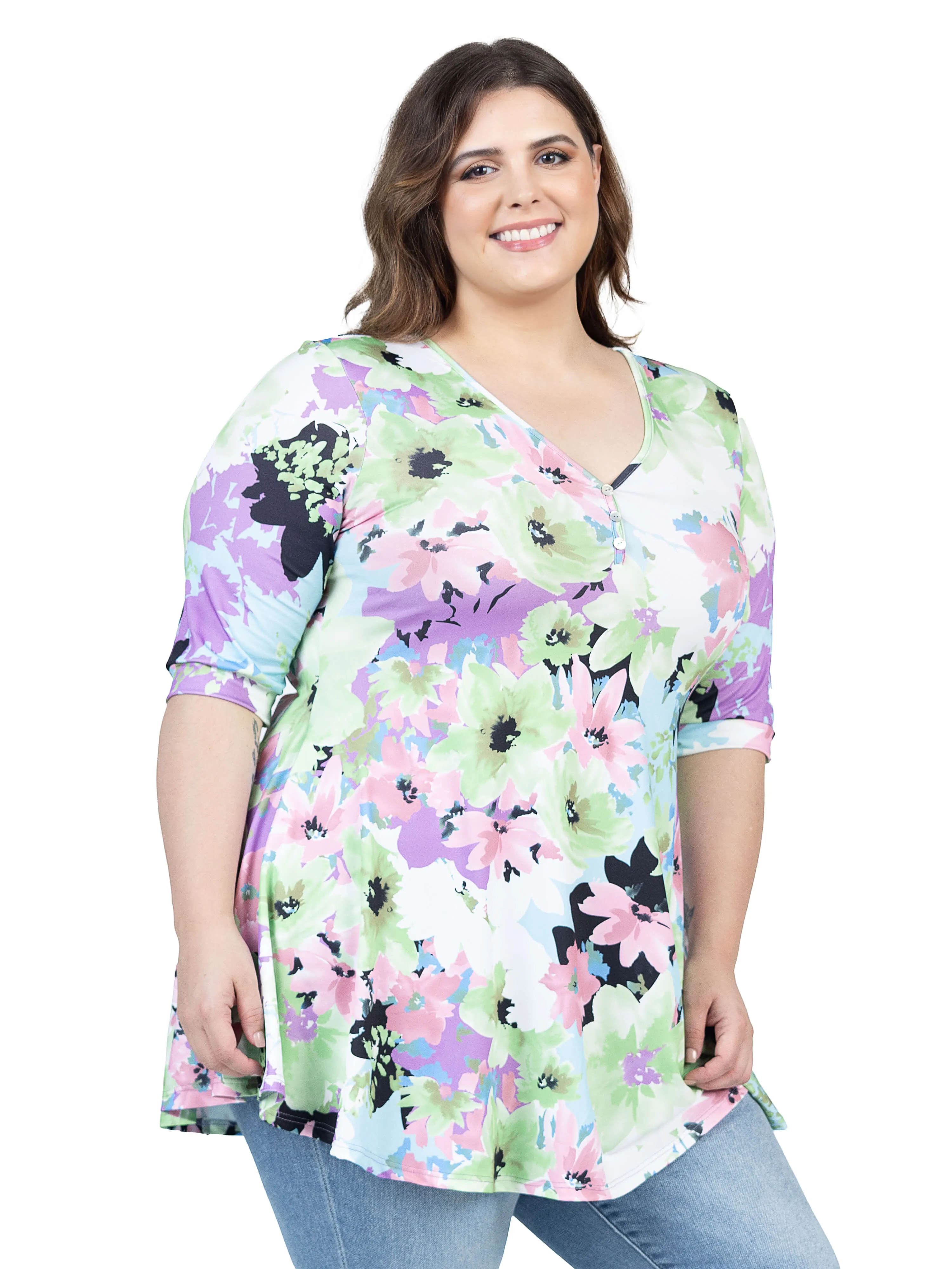 Pastel Color Floral Plus Size Elbow Sleeve V Neck Henley Tunic Top