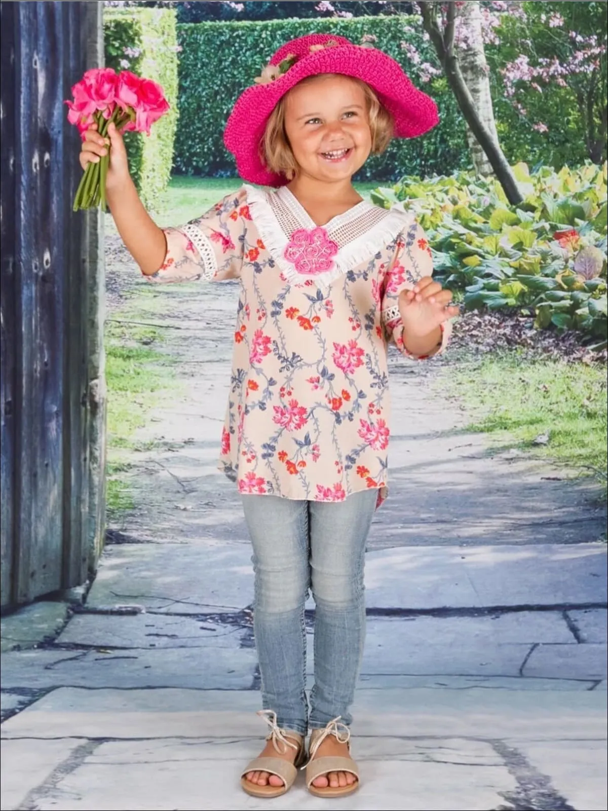 Peachy Pink Floral Trellis Crochet Collar Tunic