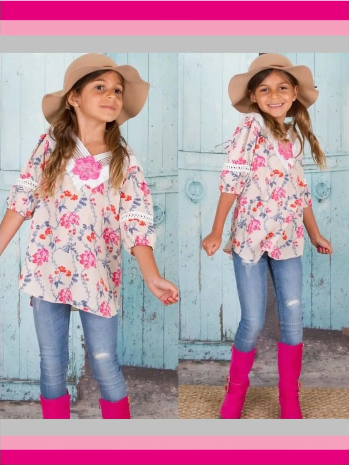 Peachy Pink Floral Trellis Crochet Collar Tunic