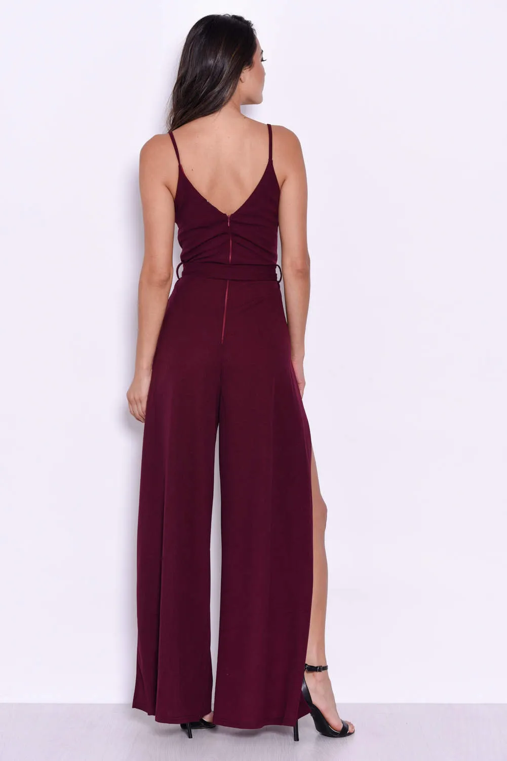 Plum Wide Leg Thigh Split Jumpsuit