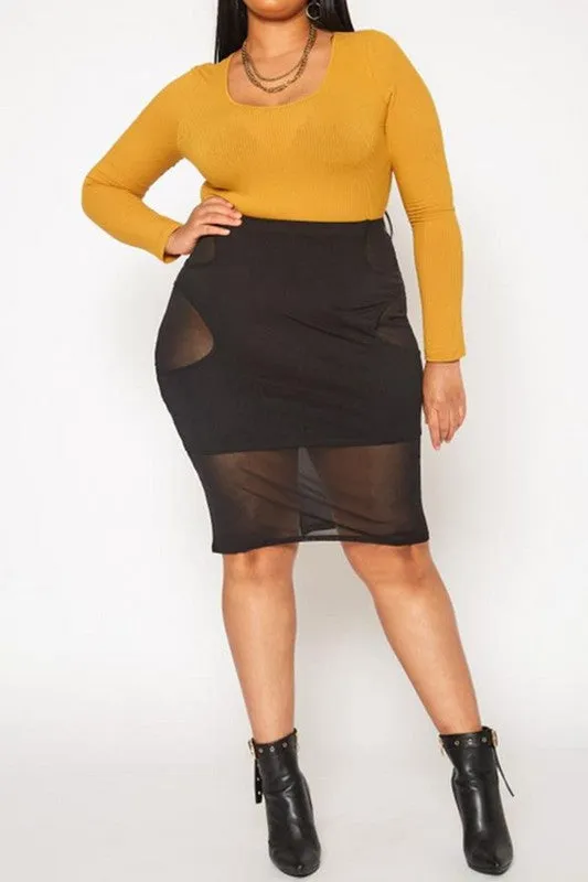 Plus Size Mesh Cut Out Bodycon Skirt