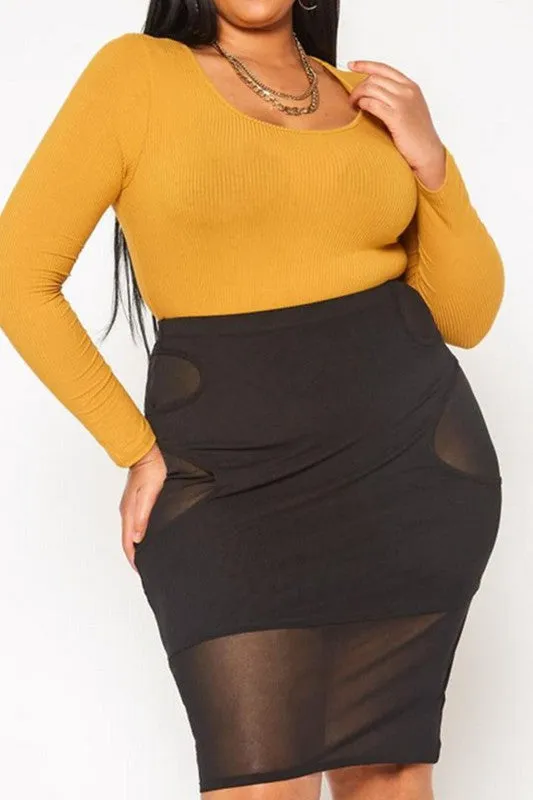 Plus Size Mesh Cut Out Bodycon Skirt