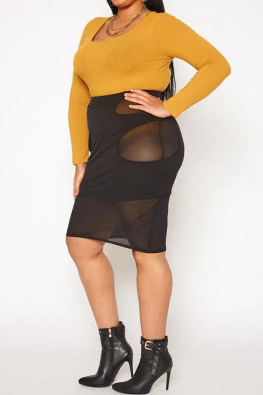 Plus Size Mesh Cut Out Bodycon Skirt