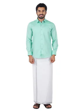 Premium Cotton Full Sleeves Green Shirt with 3/4'' inch Silver Jari Dhoti