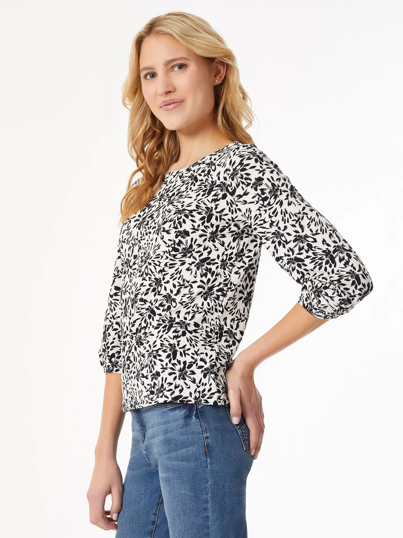 Puff Sleeve Printed Moss Crepe Top