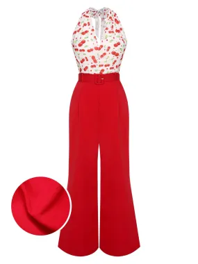 Red 1930s Cherry Belted Halter Jumpsuit