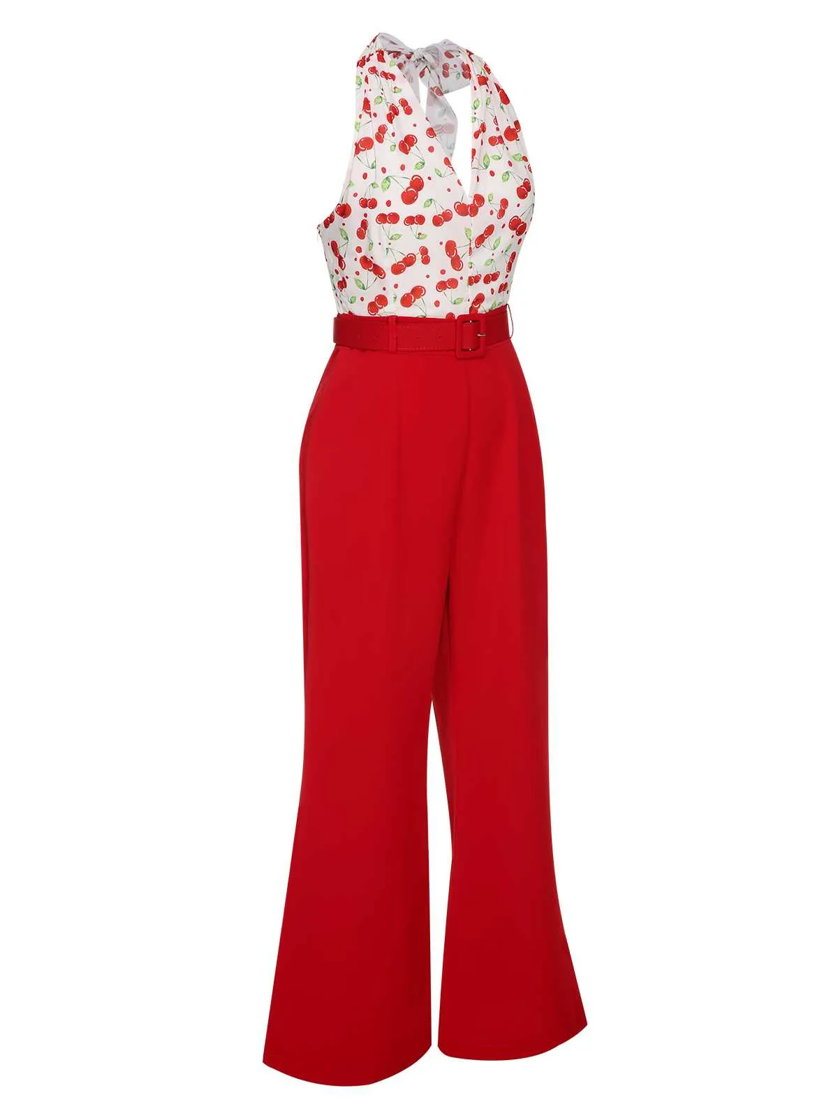 Red 1930s Cherry Belted Halter Jumpsuit